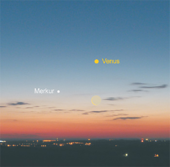 Abb. 1: Der Mond trifft am Morgen des 25. Juli auf die beiden inneren Planeten des Sonnensystems, Merkur und Venus.
