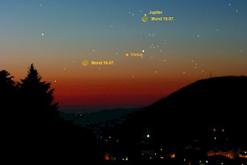 Abb. 1: Mond, Venus und Jupiter in den Morgenstunden am 15. und 16. Juli