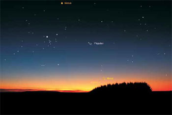 Am Abend des 22. April begegnet die 36 Stunden alte Mondsichel Jupiter tief über dem Westhorizont. Beste Beobachtungszeit um 20 Uhr.