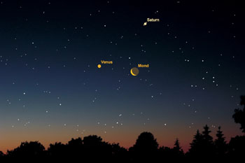Am Morgen des 2. Dezember bildet die Mondsichel mit Venus und Saturn eine eindrucksvolle Konstellation. Venus erstrahlt an diesem Morgen im größten Glanz.