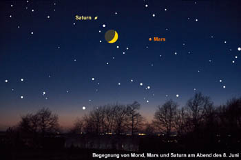 Begegnung von Mond und Merkur am Abend des 6. Mai zwischen den Hyaden und den Plejaden