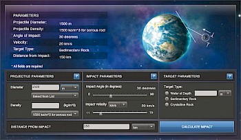Abb. 1: Das Eingabefenster der von der Purdue University bereitgestellten Simulation zu den Auswirkungen von Asteroideneinschlägen. Die eingegebenen Werte entsprechen denjenigen des Nördlinger Ries-Ereignisses vor 15 Millionen Jahren.