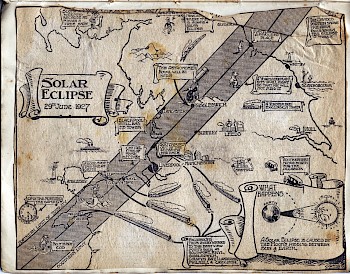 Abb. 1: Zeitgenössische Karte der Zentralzone der totalen Sonnenfinsternis am 29.06.1927. Besonders hervorgehoben ist Giggleswick als Beobachtungsort des Royal Observatory.